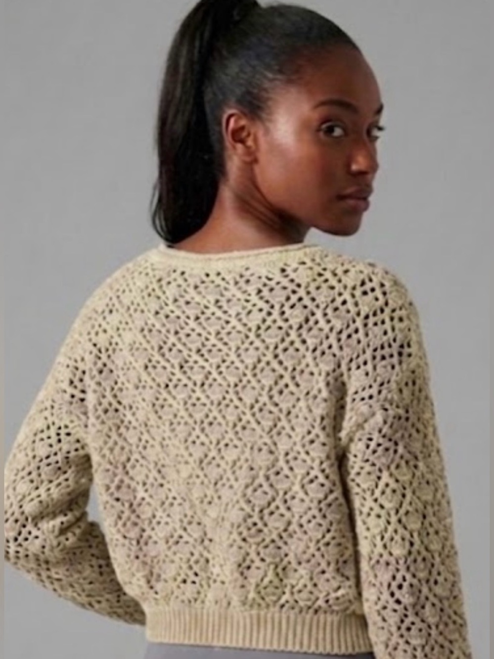 moon & madison Open-Knit Crewneck Sweater in Cream